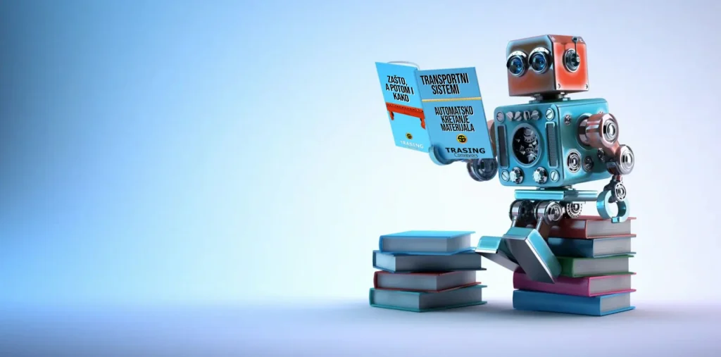 Robot čita publikaciju o transportnim sistemima i automatskom kretanju materijala